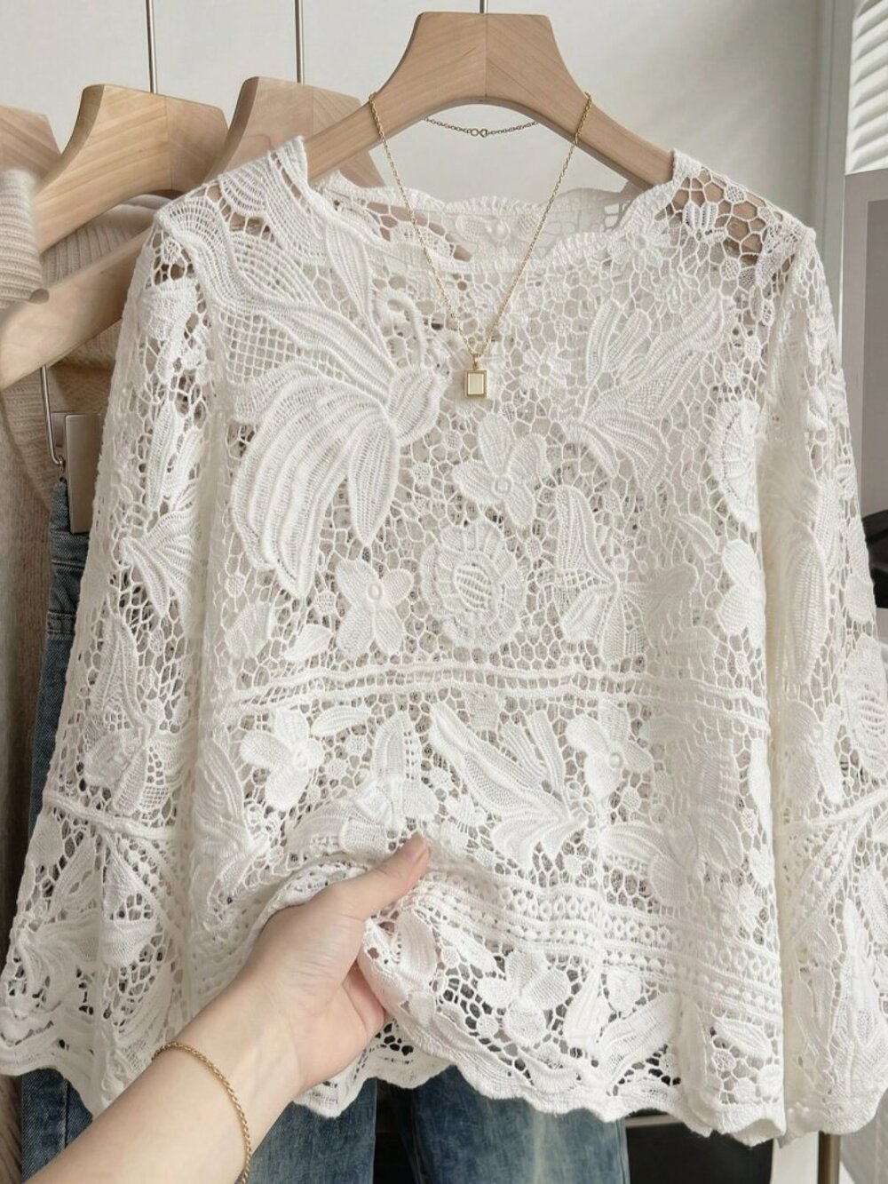 Apricot Elegant Women's Embroidered Lace Hollow Out Flare Sleeve Top